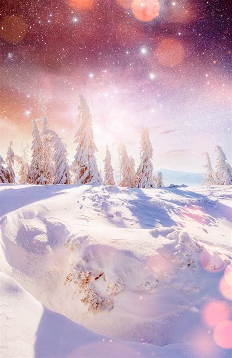 Starry Sky In Winter Snowy Night Fantastic Milky Way In The New Stock