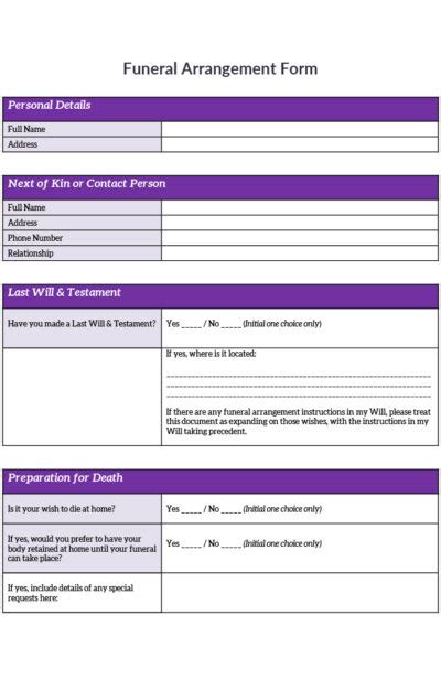 Funeral Arrangement Form Plan A Funeral Quickly And Easily