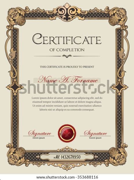 Certificate Completion Portrait Antique Vintage Ornament Stock Vector