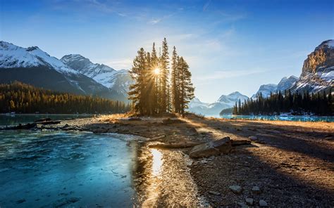 Download Wallpapers Maligne Lake Sunset Mountain River Canada