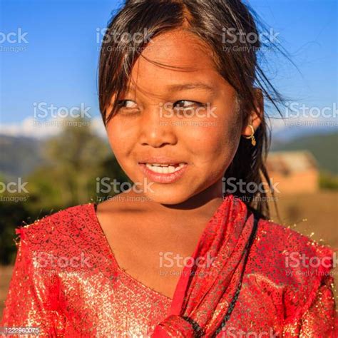 Portrait Of Little Nepali Girl In Village Near Bhaktapur Nepal Stock