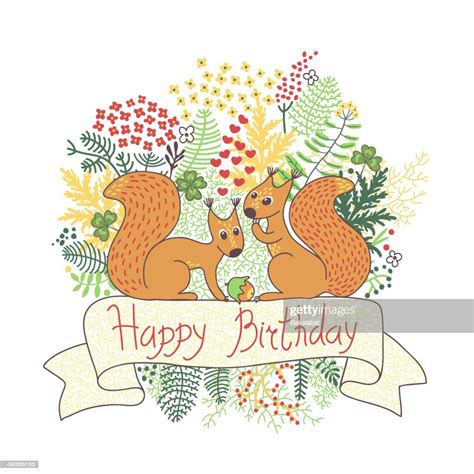 Beautiful Card With Squirrels Happy Birthday High Res Vector Graphic