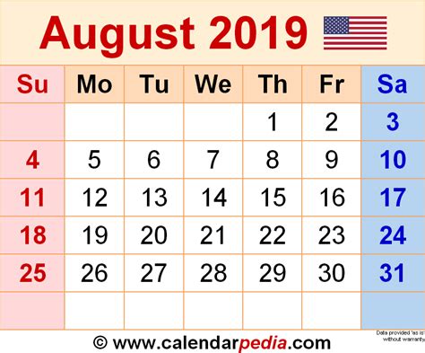 August 2019 Calendar Templates For Word Excel And Pdf