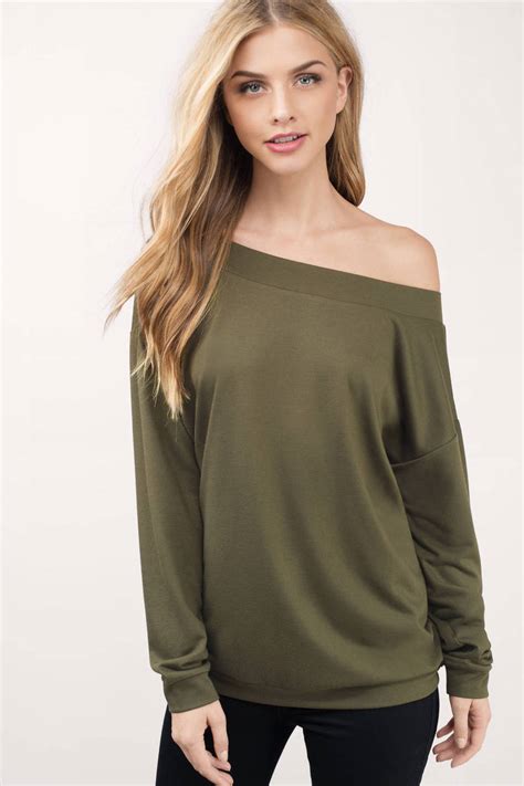 Cute Olive Sweatshirt - Off Shoulder Sweatshirt - Olive ...