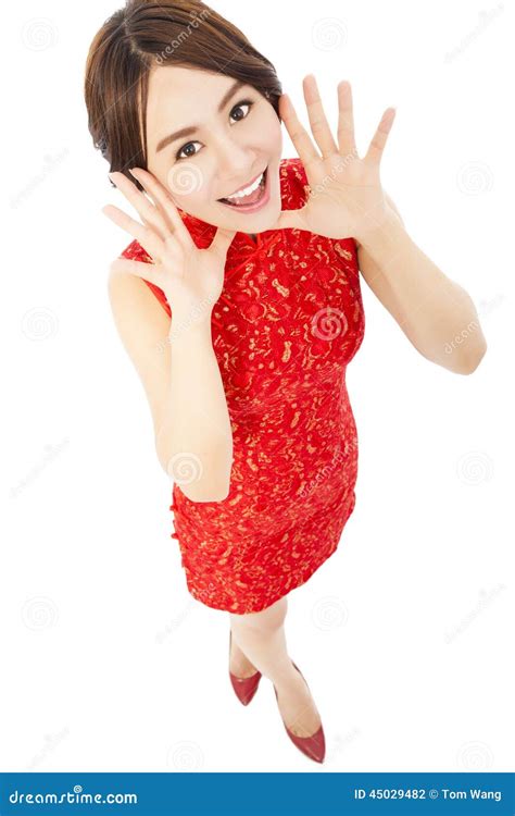Высокая угловая съемка молодой женщины с cheongsam Стоковое Фото изображение насчитывающей