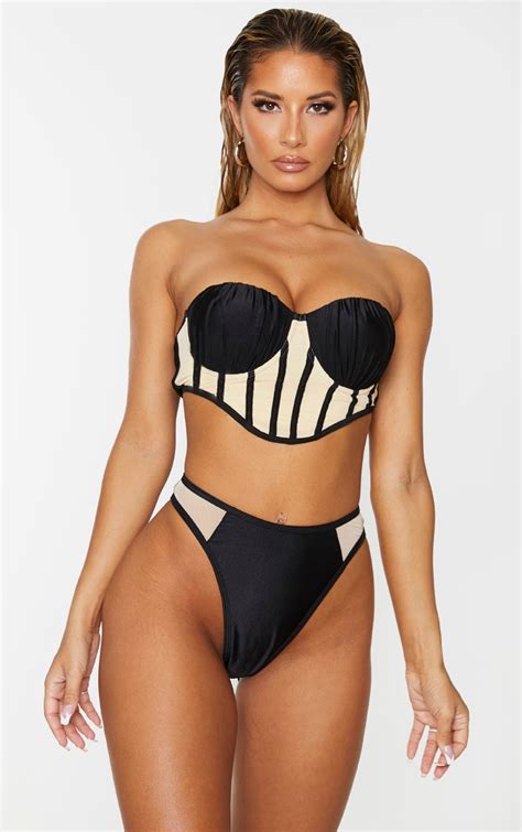 Black Bardot Mesh Corset Detail Cupped Bikini Top Prettylittlething