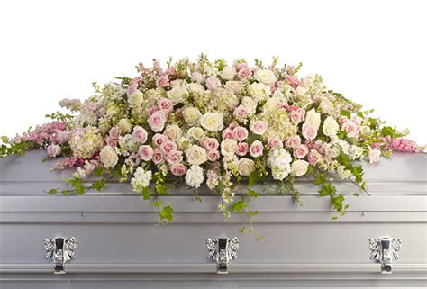 This is for an open casket so it should cover the top 1/3 but not the entire casket. Always Adored Pink and White Casket Spray