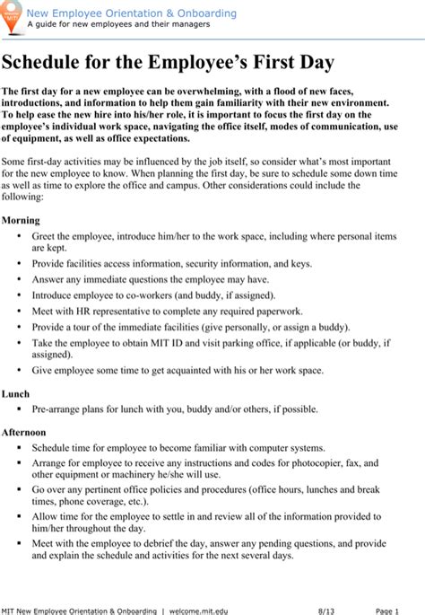 employee orientation schedule template word