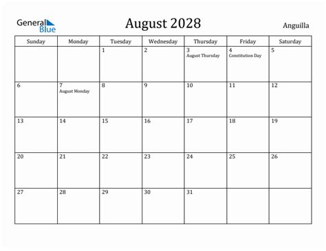 August 2028 Monthly Calendar With Anguilla Holidays