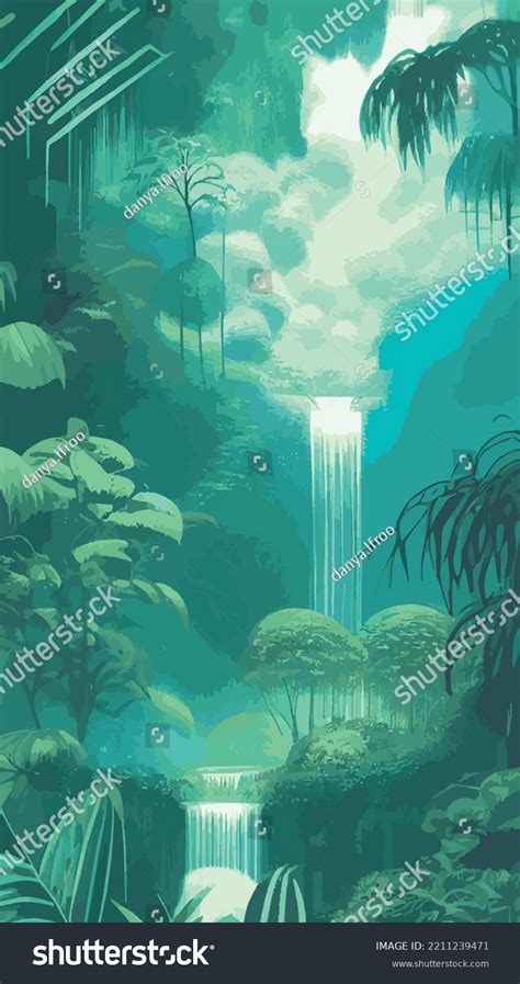 Waterfall Green Jungle Rainforest Vector Illustration Stock Vector