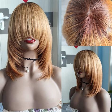 12inch Short Layered Bob Wig Human Hair With Bangs 150density Ombre Brown Blonde