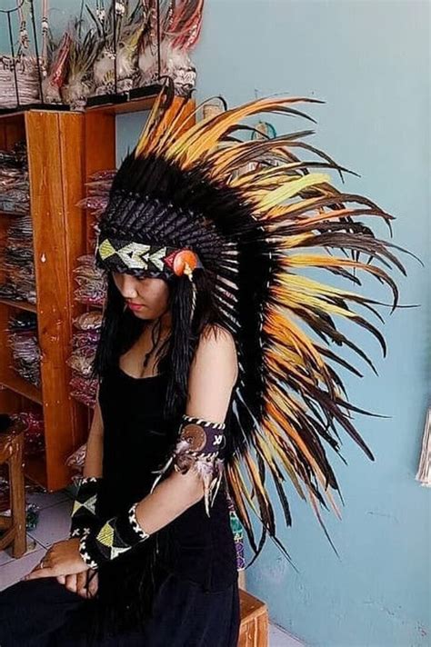 Indian Headdress Black And Orange Replica Feather Warbonnet Etsy Indian Headdress Headdress