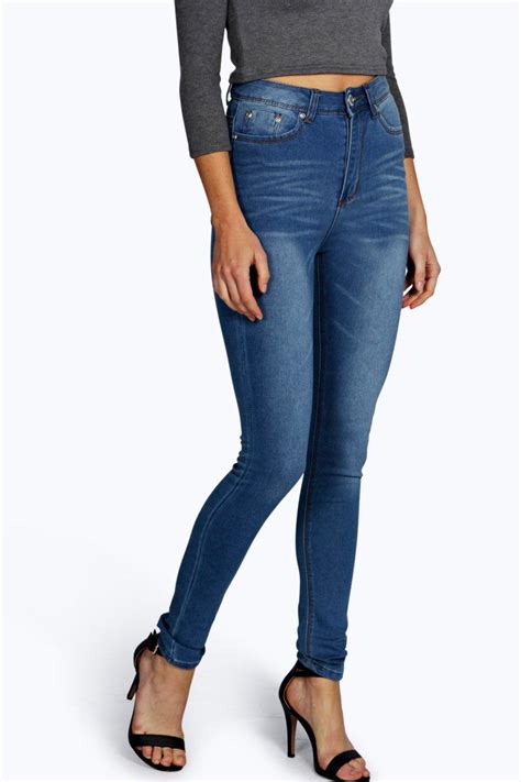 Boohoo Rhea Classic High Waisted Skinny Jeans In Blue Lyst