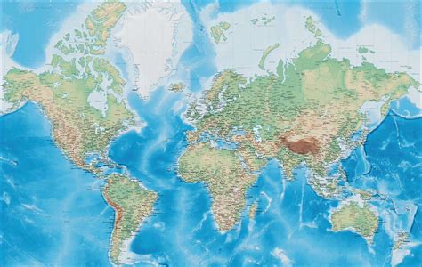 World Digital Terrain Map Mercator Projection Europe Centered