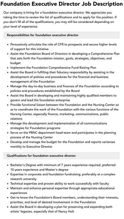 Foundation Executive Director Job Description Velvet Jobs