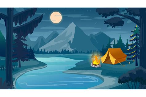 Mountain Night Camping Cartoon Forest Landscape With Lake 1176207