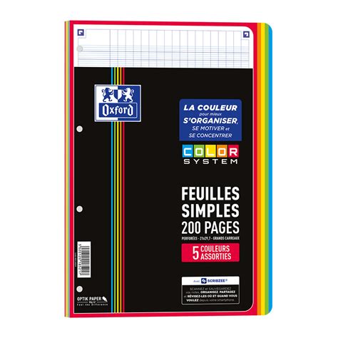 200 Pages Feuilles Simples Oxford Color System A4 Grands Carreaux Séyès Perforées Cadre Couleurs