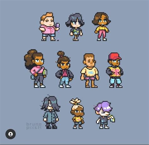 Some Pixel Art Style Characters Are Shown In Different Styles And Sizes
