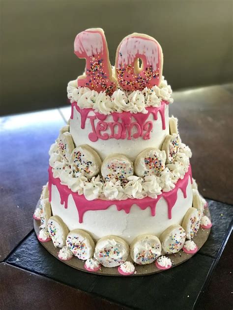 tenth 10 birthday cake girl buttercream sprinkle cake with sugar cookies and drip 10 birthday
