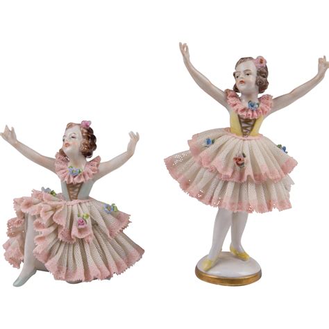 Pair Of Dresden Ballerina Lace Figurines Painted Features Figurines