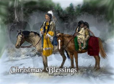 Two Native American Men Riding Horses In The Snow With Christmas