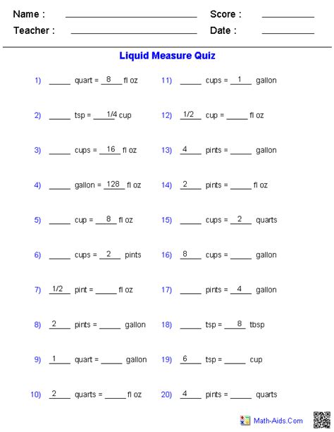 Liquid Measure Conversion Quiz Worksheets Measurement Worksheets