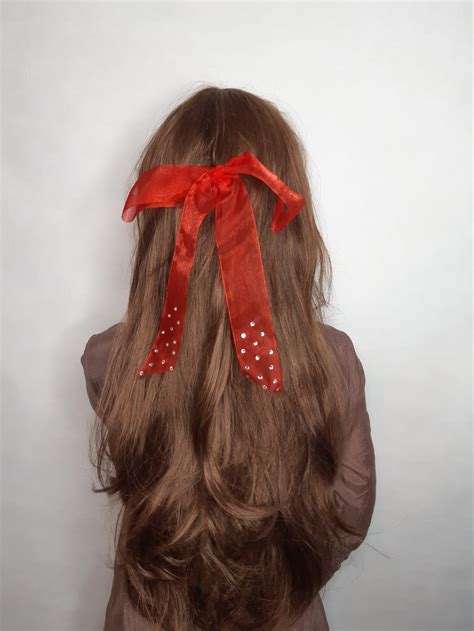 Red Hair Ribbon Decorated With Rhinestones Organza Hair Bow Etsy