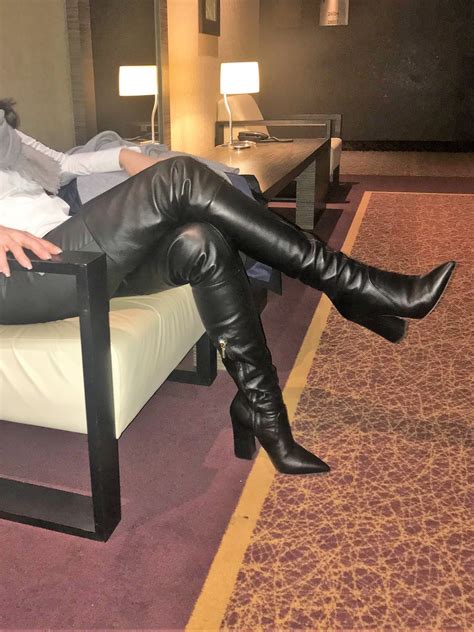 Rosina In The Hotel Lobby In Leather Leggings And Thigh High Boots By