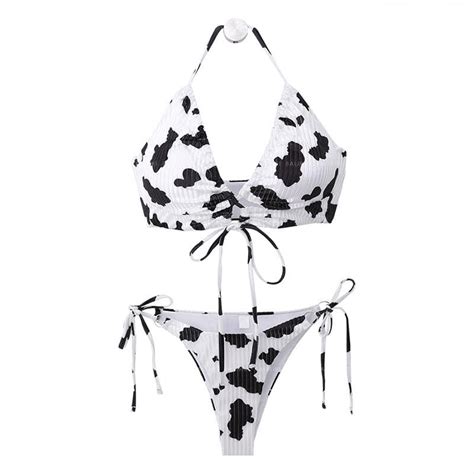Korean Ins Hot Bikini Cow Sexy Halter Lace Up Big Chest Exposed Three Point Hot Spring Bathing