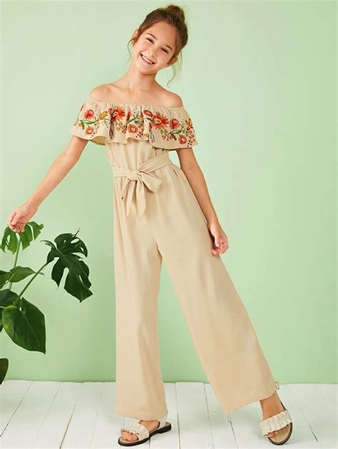 Shein Girls Embroidery Ruffle Detail Belted Bardot Palazzo Jumpsuit In 2021 Jumpsuits For