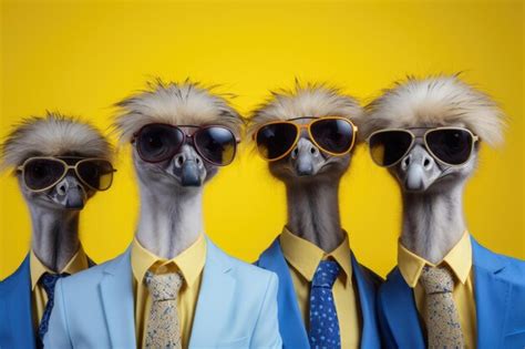 Premium Photo Three Ostriches In Suits With Stylish Sunglasses