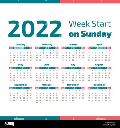 Simple 2022 Year Calendar Week Starts On Sunday Stock Vector Image