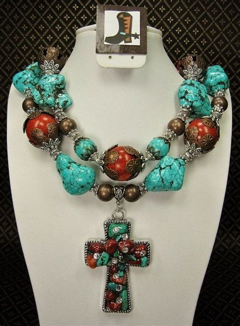 Southwestern Chunky Cowgirl Necklace In Turquoise And Coral Etsy