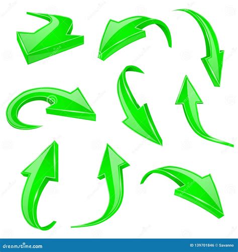 Green 3d Shiny Arrows Set Of Bent Icons Stock Vector Illustration Of