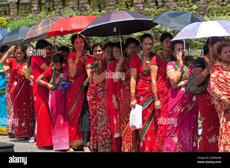 Teej Festival Group Of Nepali Hindu Women Praying Around The Fire