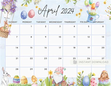 Printable April 2024 Calendar Fun Easter Bunny And Gnome Ediatble Planne
