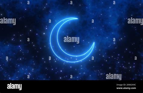 Calm Blue Neon Crescent Moon Shape In Cloudy Dark Night Sky Stars Stock