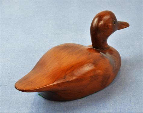 Vintage Wooden Duck Carved Brown Sitting Water Fowl Glass Eyes