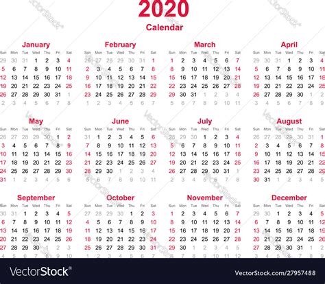 Calendar 2020 12 Months Yearly Calendar Vector Image