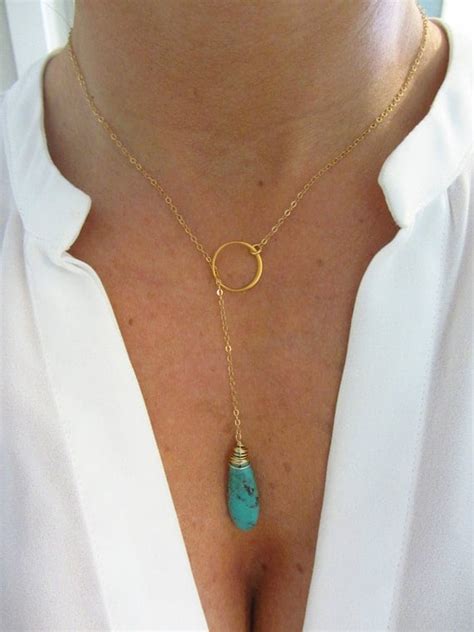 Genuine Turquoise Teardrop Lariat Gold Necklace By GlamorousHippie