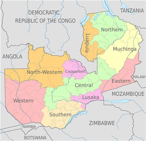 Map Of Zambia Provinces Zambian Map With Provinces Eastern Africa