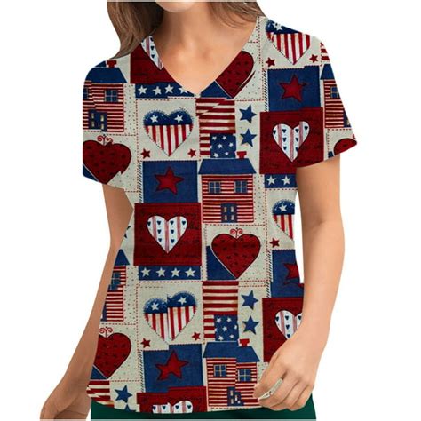 American Flag Scrubtops For Women Independence Day V Neck Scrubs 4th