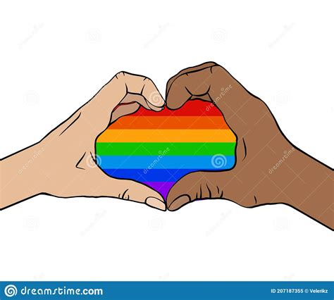 outline illustration of a pair of human hands in rainbow heart greeting card love of same sex