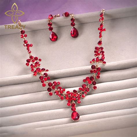 TREAZY Elegant Floral Waterdrop Bridal Jewelry Set Red Crystal Necklace