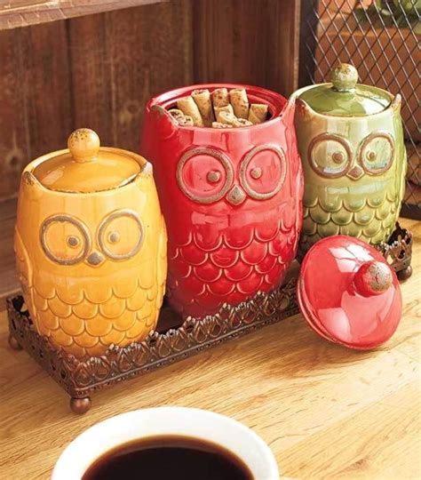 Owl 4 Pc Canisters And Tray Set Colorful Kitchen Storage Canister Set Owl Kitchen Owl Kitchen