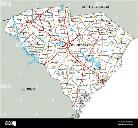 High Detailed South Carolina Road Map With Labeling Stock Vector Image