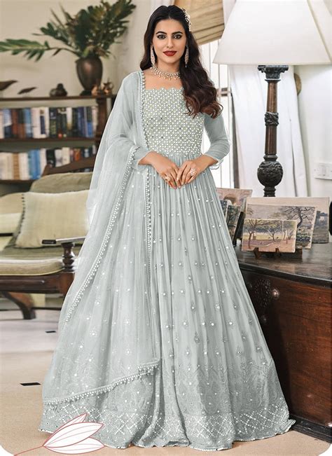 Shop Grey Georgette Embroidered Designer Anarkali Suit Festive Wear