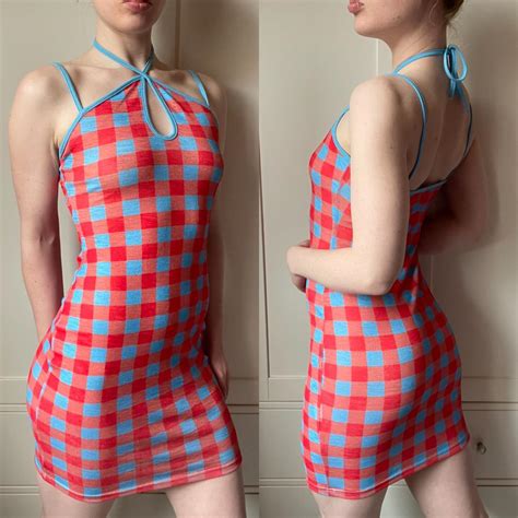 stunning checkered mini dress with halter tie neck depop