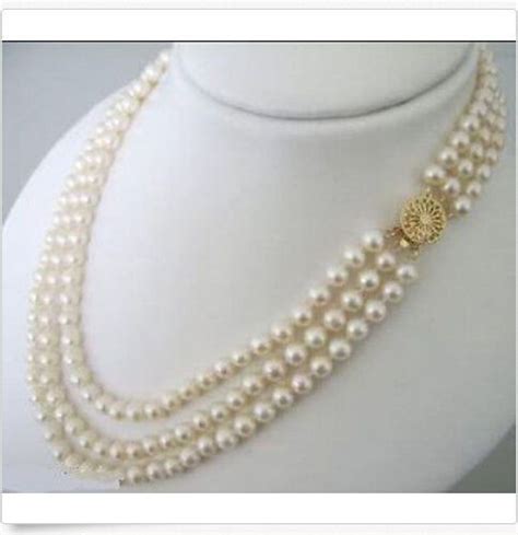 New 3 Rows 7 8mm White Akoya Cultured Pearl Choker Pendant Necklace Add