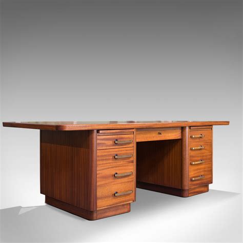 Large Vintage Pedestal Desk Teak Leather Art Deco Office Abbess